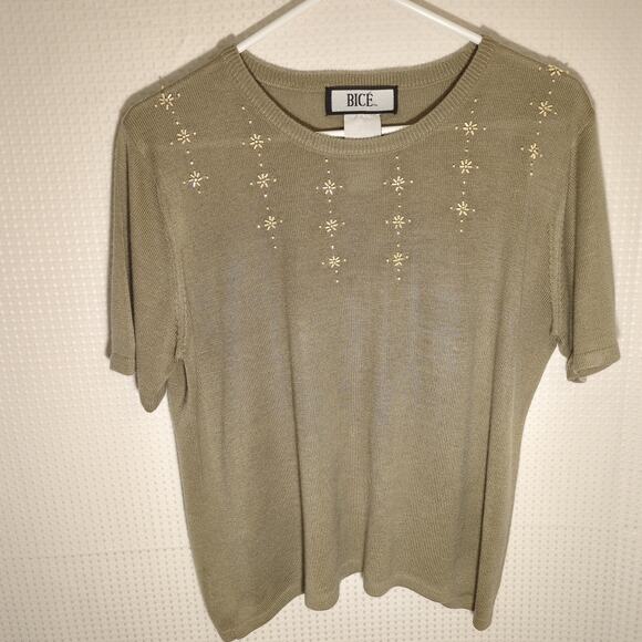 Bicé Beaded Embellished Short Sleeve Knit Sweater Small Green Vintage Hong Kong - Picture 1 of 5